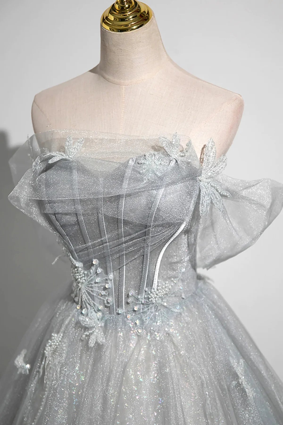 Gray Off Shoulder Pearl Beads Tulle Long Prom Dresses Evening Dresses DP1281