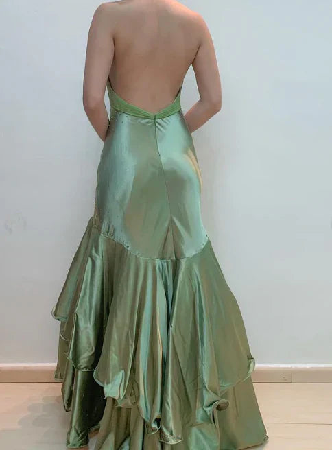 Elegant Mermaid Halter Beaded Green Satin Prom Dress Evening Dress DP2101