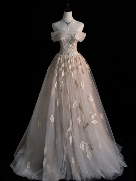 Stunning A Line Off the Shoulder Appliques Tulle Long Prom Dress Party Dress DP2520