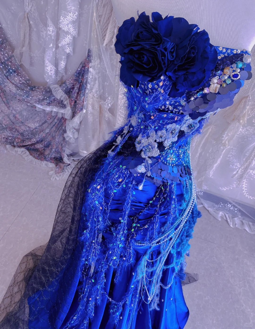 Stunning Blue Mermaid Strapless Floral Beaded Satin Prom Dress 16th Birthday Dress DP3766
