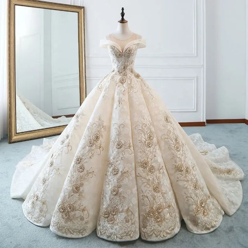Luxury Champagne Ball Gown Appliques Long Train Prom Dress DP1006