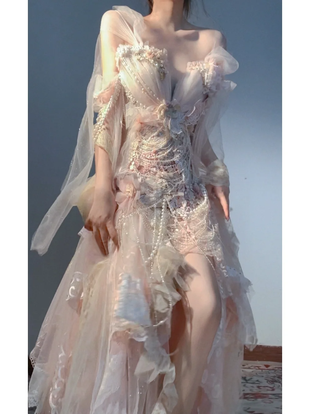 Flowy Exquisite A Line Long Sleeve Floral Beaded Tulle Prom Dress Party Dress DP3762