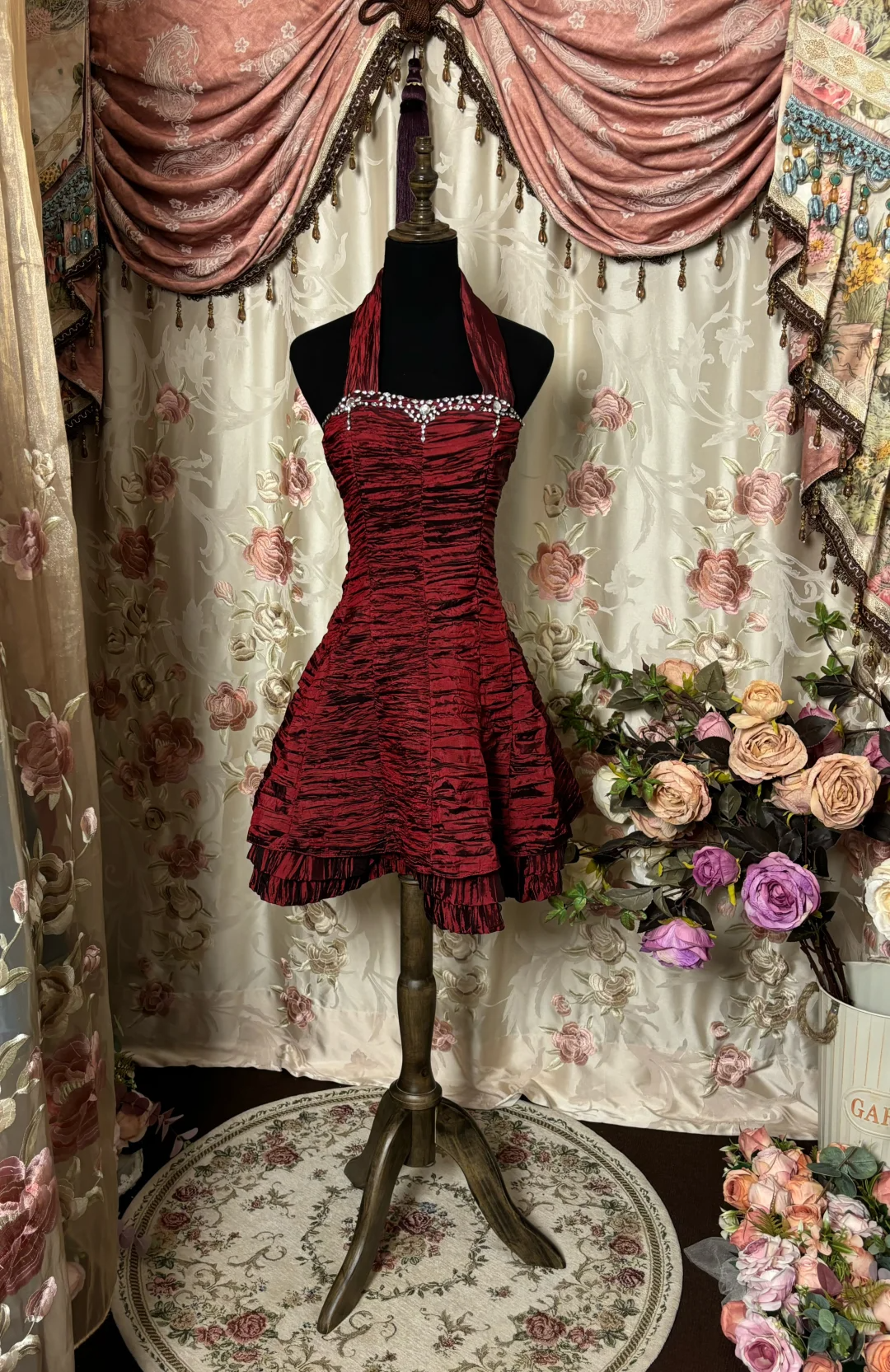 Burgundy Retro A Line Halter Pleated Beaded Satin Homecoming Dress Cocktail Dress DP3179