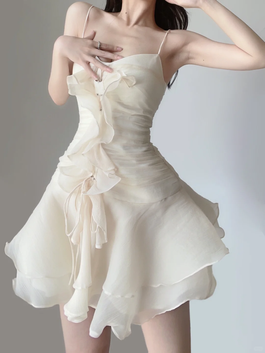 Ivory A Line Spaghetti Strap Layered Chiffon Short Homecoming Dress Cocktail Dress DP2662
