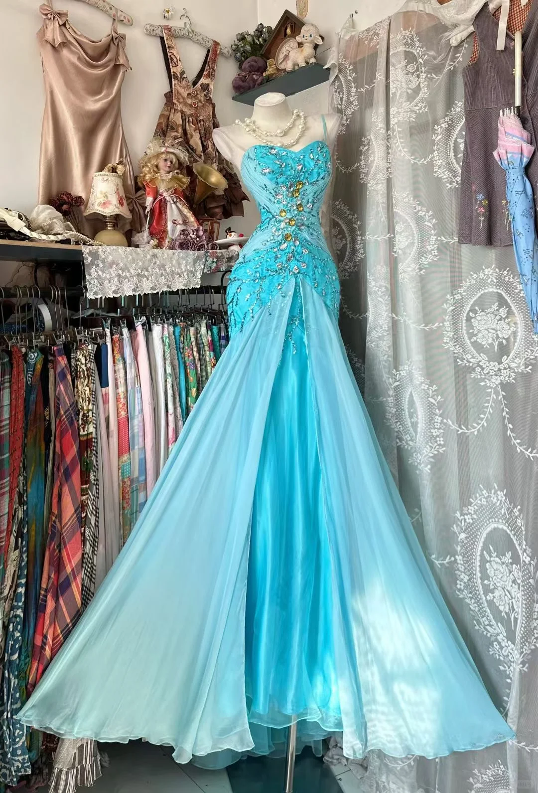 Vintage Bright Blue Mermaid Exquisite Beaded Chiffon Satin Prom Dress Evening Dress DP5242