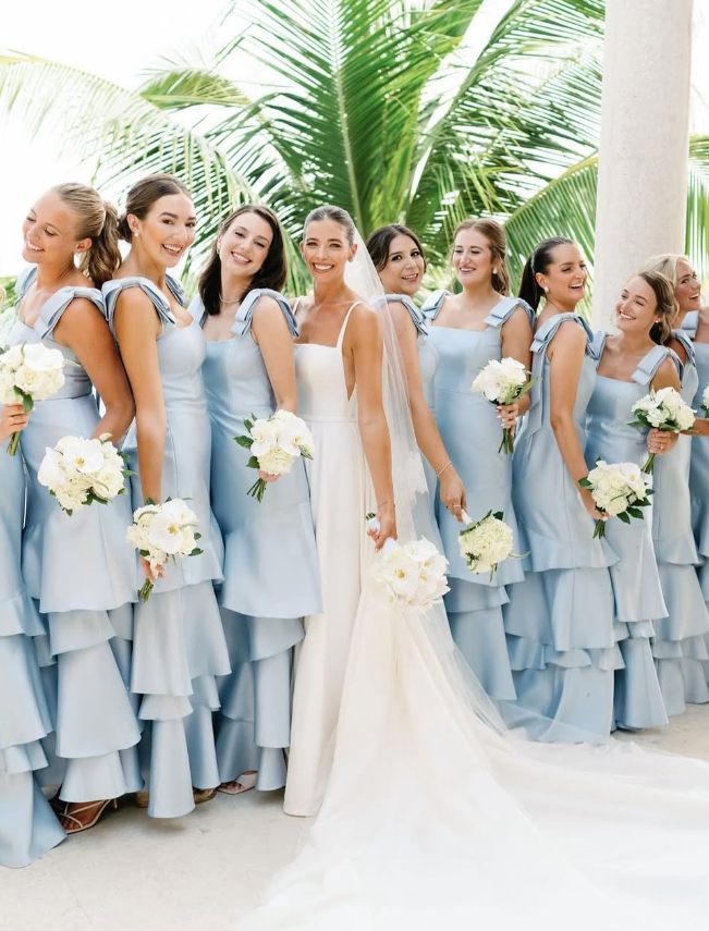 Baby Blue Mermaid Straps Tiered Satin Prom Dress Bridesmaid Dress DP2168