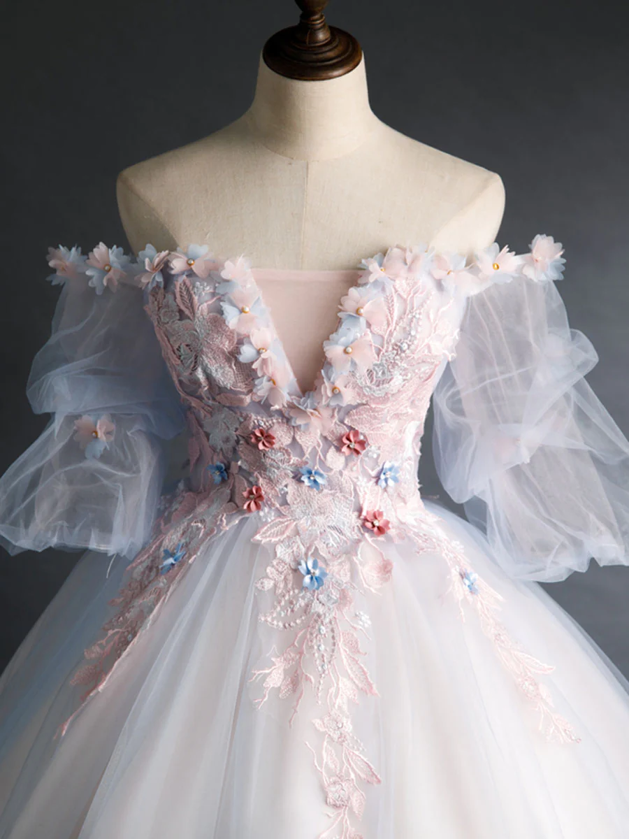 Pink Tulle Lace Appliques Long Prom Dress Sweet 16 Ball Gown Quinceanera Dress DP087