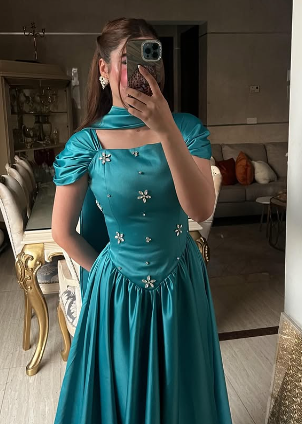 Elegant A Line Strap Rhinestone Blue Satin Long Prom Dress Party Dress DP4128
