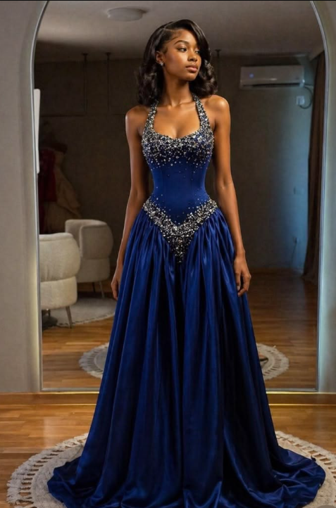 Navy Blue A Line Halter Exquisite Rhinestone Satin Long Prom Dress Evening Dress DP8027