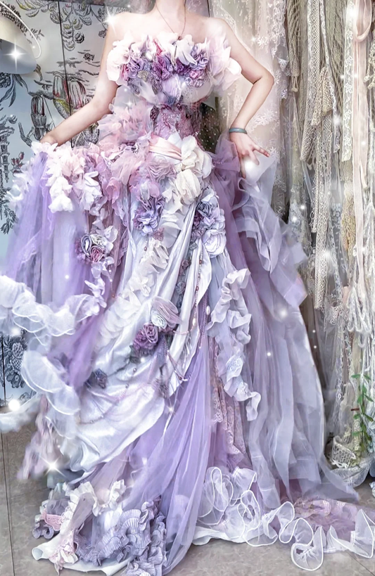 Purple Ball Gown Strapless Exquisite Floral Tulle Prom Dress 18th Birthday Dress DP4146
