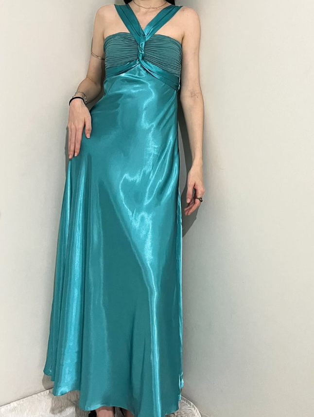 Vintage A Line Halter Blue Satin Long Prom Dress Evening Dress DP2139