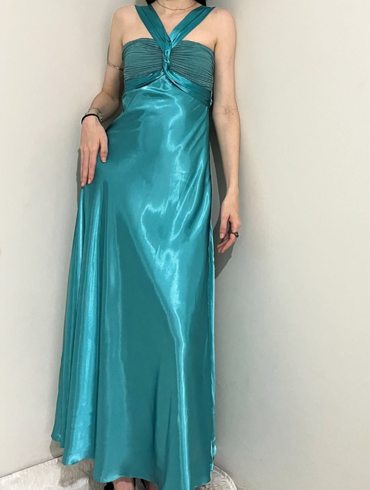 Vintage A Line Halter Blue Satin Long Prom Dress Evening Dress DP2139