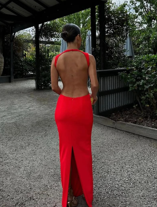 Sexy Sheath V Neck Red Satin Open Back Long Prom Dress Evening Dress DP1320