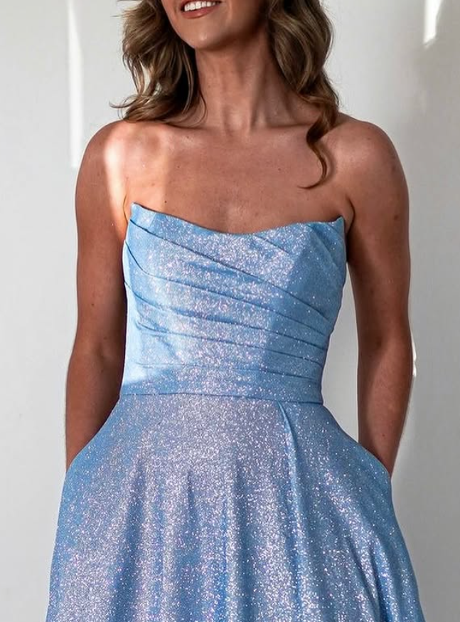 Shiny Blue Sequin A Line Strapless Long Prom Dress Evening Dress with Slit DP6597