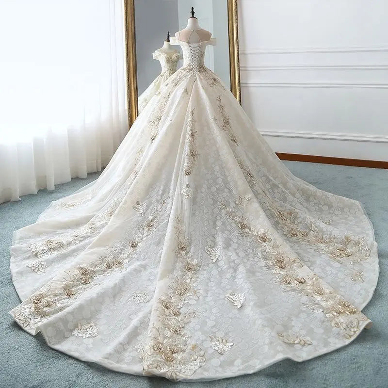 Luxury Champagne Ball Gown Appliques Long Train Prom Dress DP1006