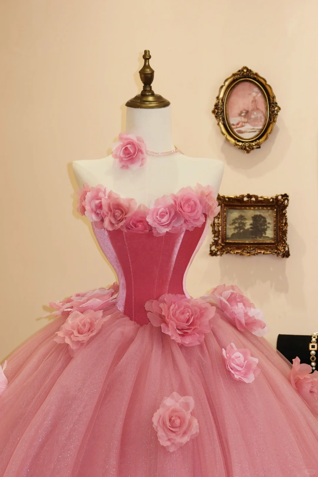 Floral A Line Sweetheart Neck Pink Velvet Tulle Prom Dress Evening Dress DP2813