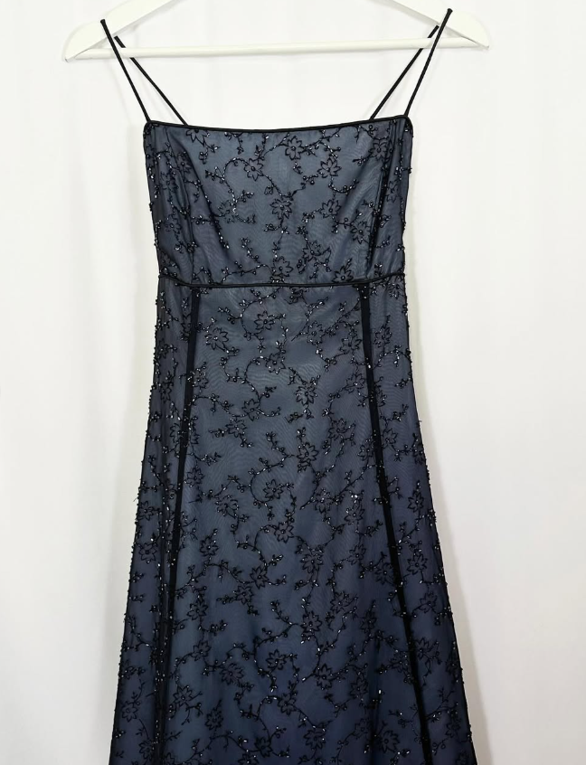 Vintage Exquisite Black Beaded A Line Spaghetti Strap Satin Prom Dress Evening Dress Date Dress DP3038
