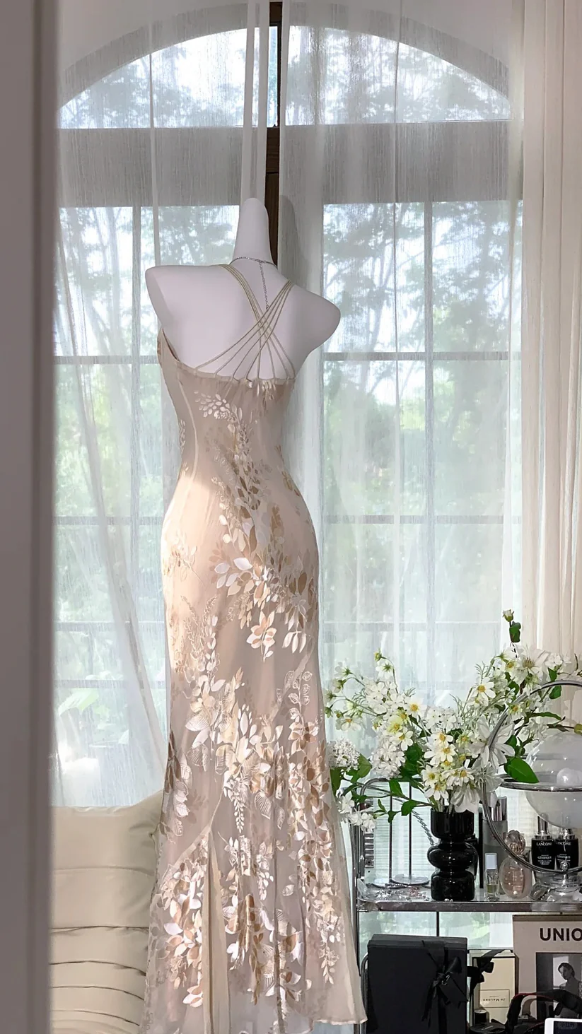 Apricot Print Floral Romantic Elegant Chiffon Long Evening Gown Birthday Gown DP2915
