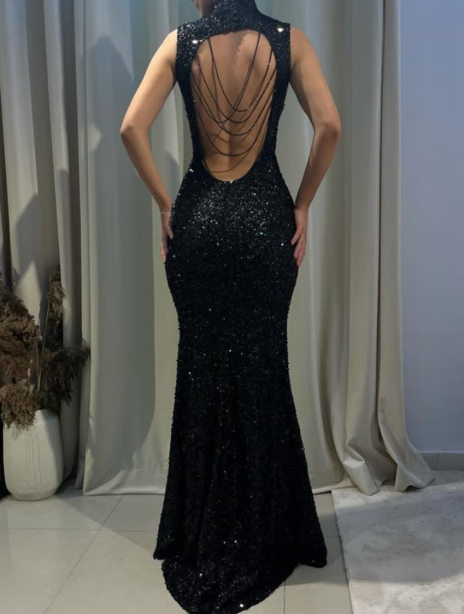 Sexy Mermaid High Neck Black Beaded Sequin Open Back Prom Dress Evening Dress DP3715