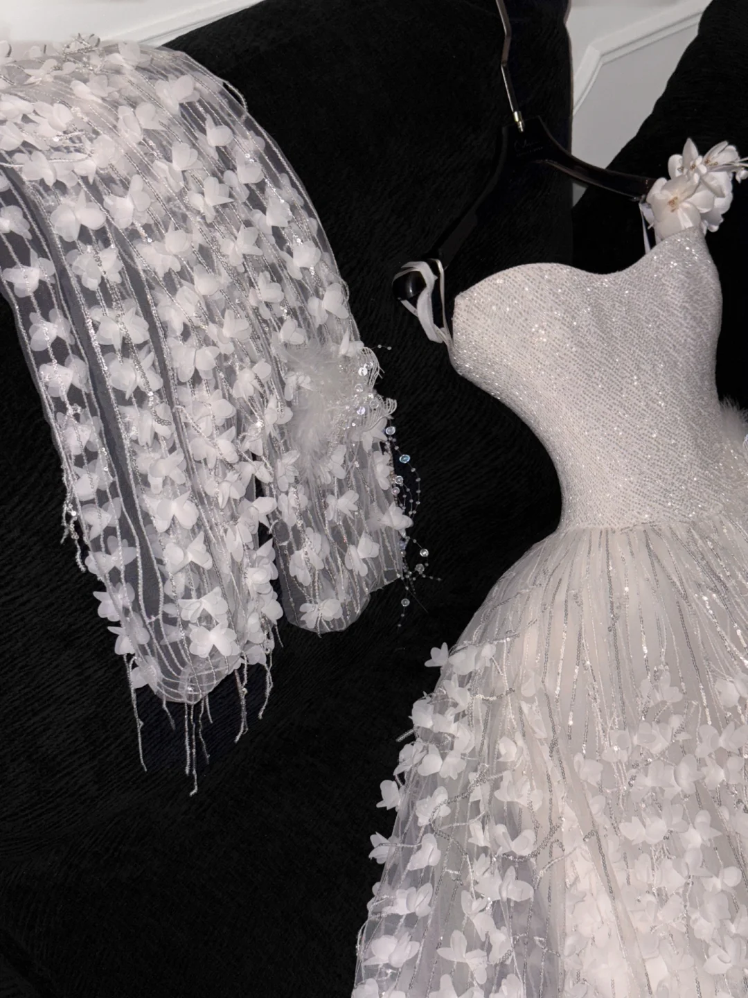 Gorgeous A Line Strapless Sequin Flower White Tulle Prom Dress Party Dress DP2682
