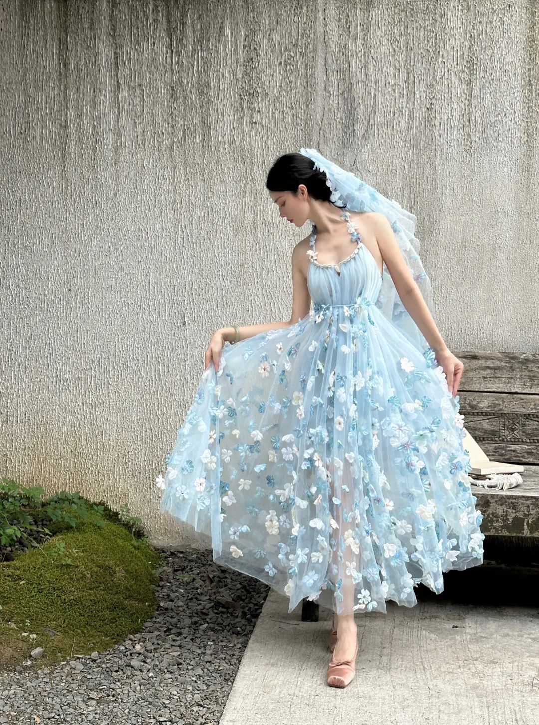 Blue A Line Halter 3D Floral Tulle Open Back Prom Dress Formal Dress 16th Birthday Dress DP3442
