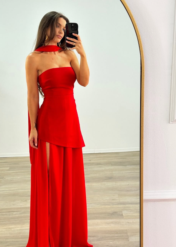 White Flowy Simple A Line Strapless Satin Chiffon Prom Dress Formal Dress with Slit DP3216