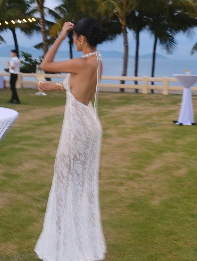 White Mermaid V Neck Lace Open Back Long Prom Dress Evening Dress DP1404