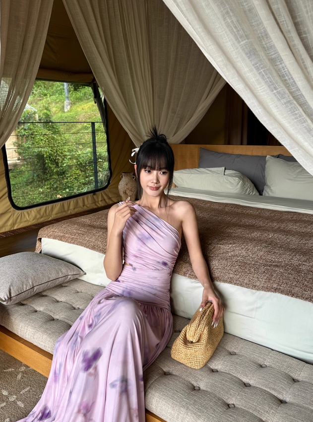 Purple Print Floral A Line One Shoulder Tulle Prom Dress Date Dress Outfits DP3456