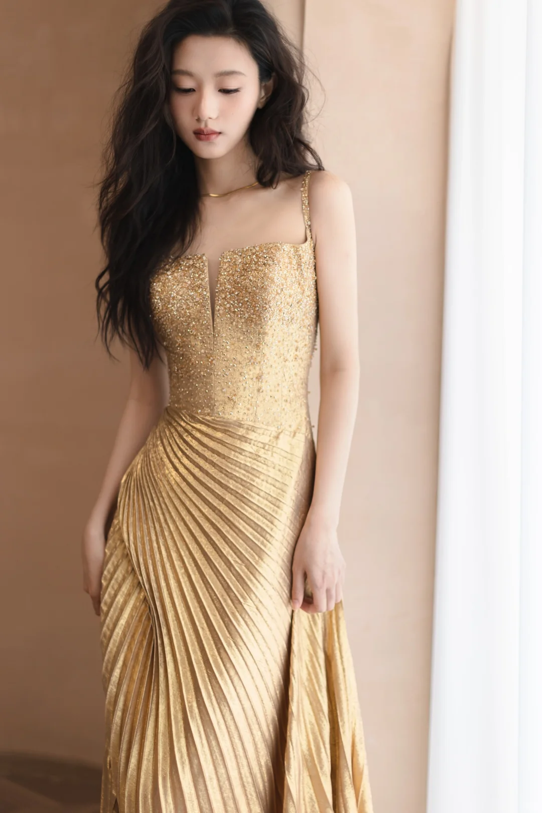 Golden A Line Spaghetti Strap Beaded Pleated Satin Long Prom Dress Formal Dress DP3331
