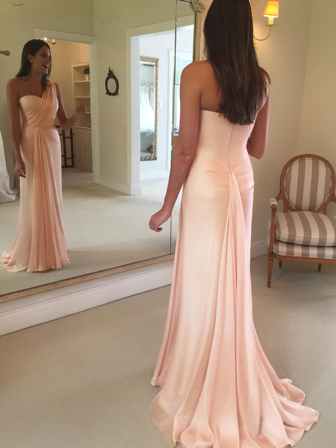 Elegant Light Pink Sheath One Shoulder Chiffon Prom Dress Wedding Guest Dress DP4931