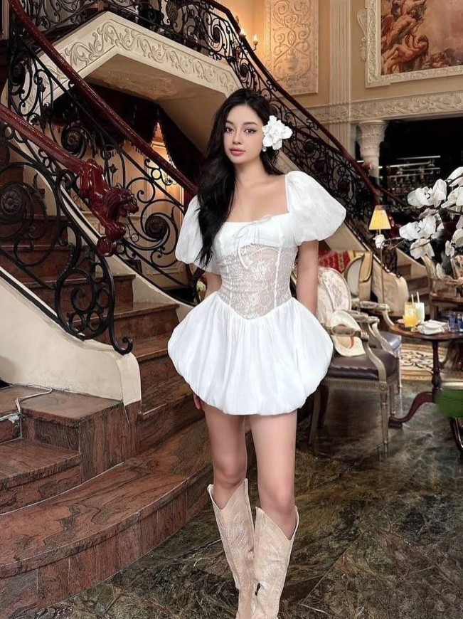 Cute Puff White Lace Satin Short Homecoming Dress Date Dress DP2956