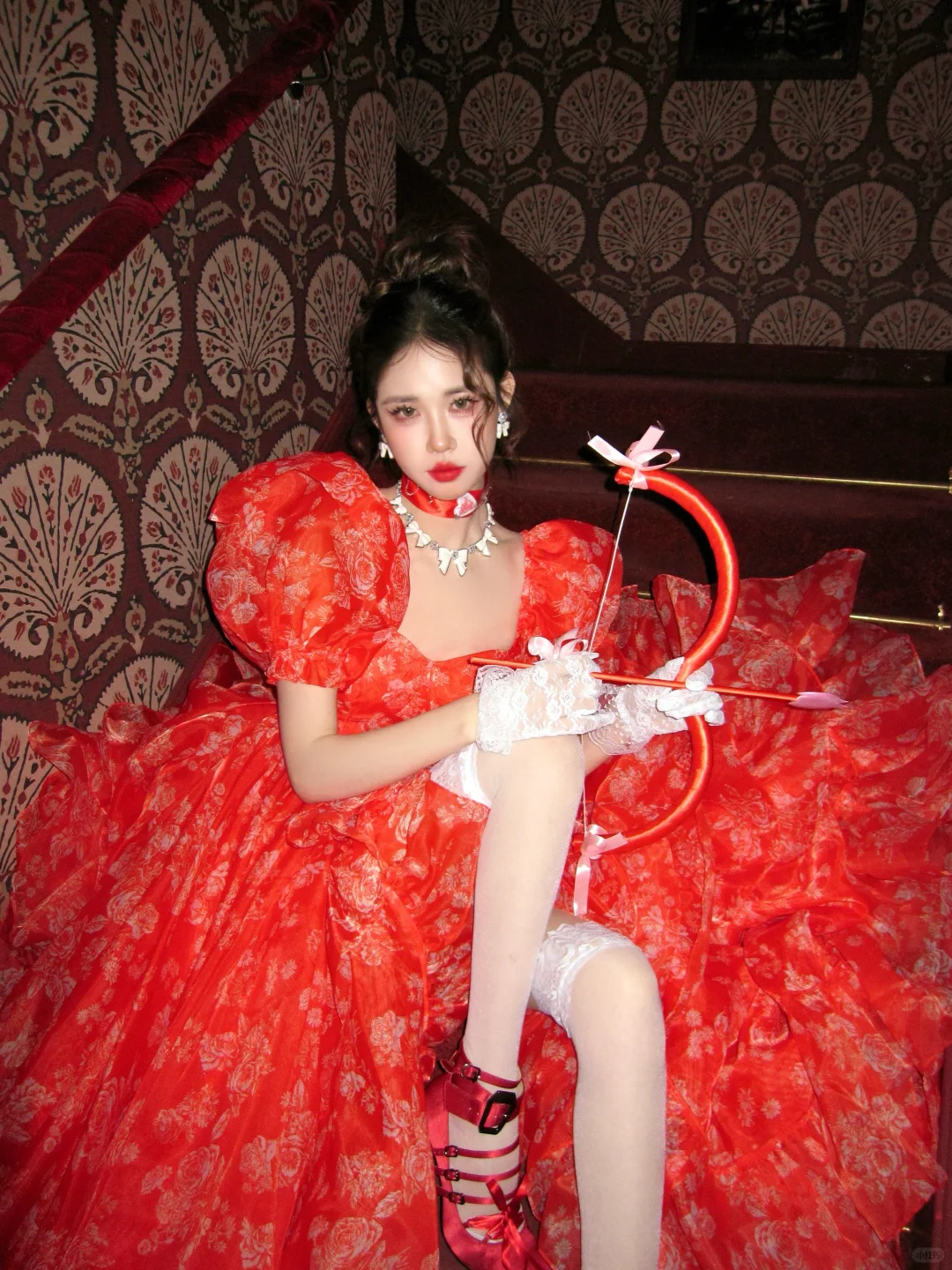 Red Ball Gown Puff Print Floral Ruffle Chiffon Long Party Dress Birthday Dress with Slit DP2523