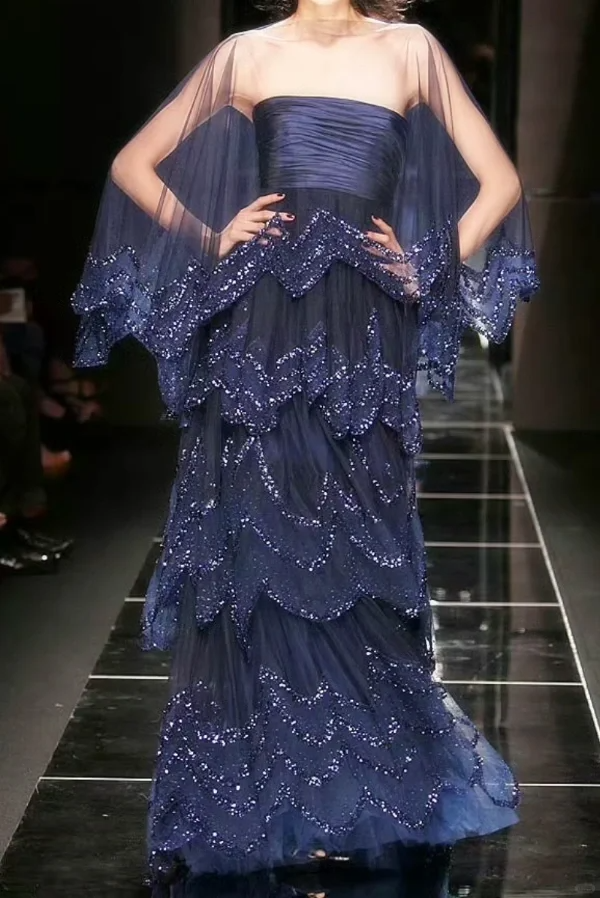 Dreamy Navy Vlue A Line Strapless Layered Beaded Tulle Prom Dress DP4495