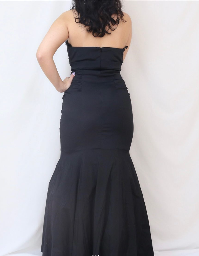 Black Mermaid Strapless Bow Satin Long Prom Dress Evening Dress DP1412