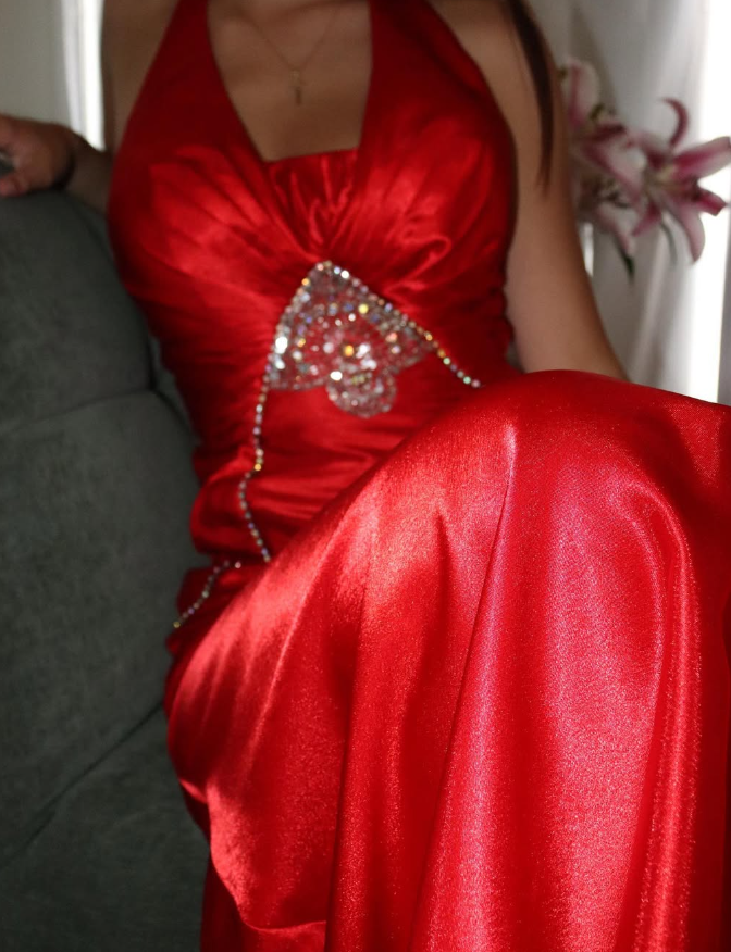 Sexy A Line Halter Rhinestone Sequin Red Satin Prom Dress Evening Dress DP1888