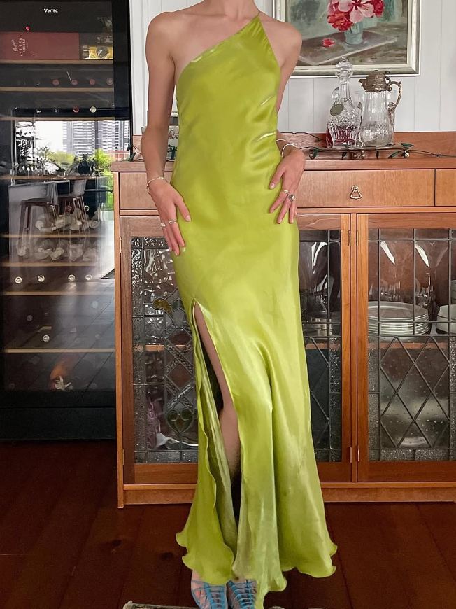 Simple Sheath One Shoulder Green Satin Open Back Prom Dress Graduation Prom Dress DP2154