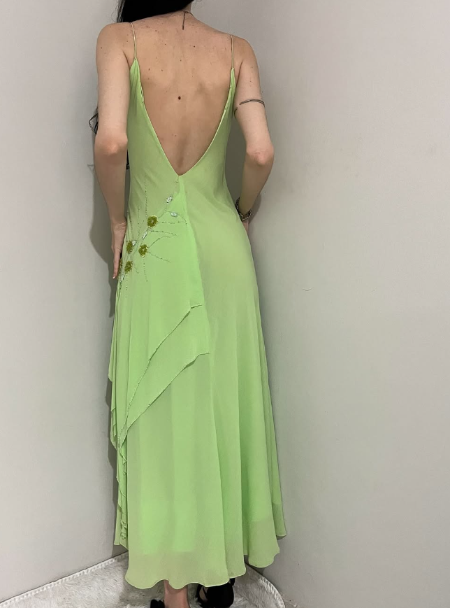 Vintage A Line Spaghetti Strap Beaded Green Chiffon Open Back Prom Dress Evening Dress DP2138