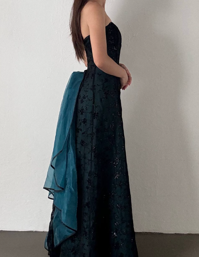 Vintage A Line Strapless Appliques Black Blue Tulle Prom Dress Graduation Prom Dress DP2257
