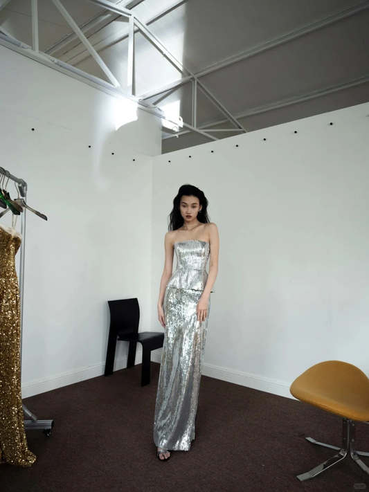Shiny Sheath Strapless Silver Sequin Long Party Dress Evening Dress DP2552