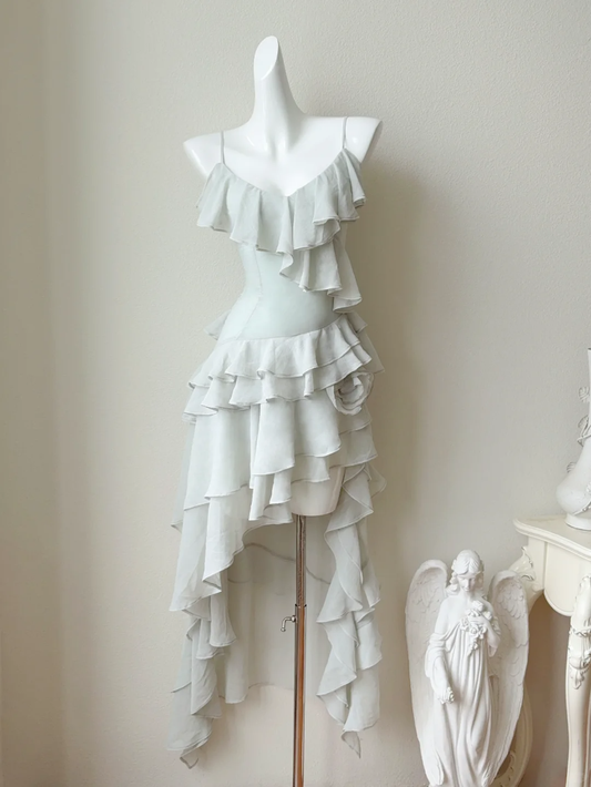 Light Sage Green A Line Straps Ruffle Chiffon Homecoming Dress Cocktail Dress DP2704