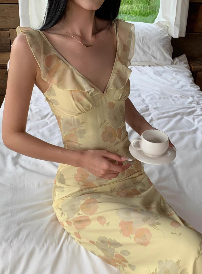 Yellow Print Floral A Line Straps Chiffon Prom Dress Party Dress Outfits DP3460