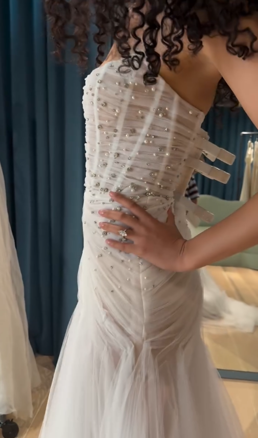 Stunning Mermaid Strapless Beaded Pearl Corset Tulle Satin Long Wedding Dress DP4308