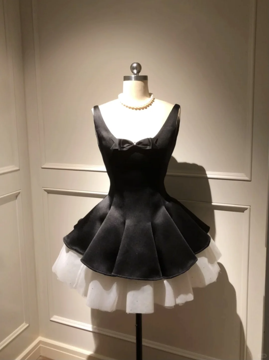Cute A Line Straps Bow Black Satin White Tulle Short Homecoming Dress Cocktail Dress DP2567
