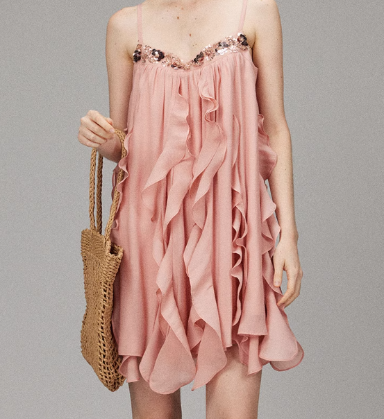 Pink A Line Spaghetti Strap Sequin Ruffle Chiffon Short Homecoming Dress Outfits DP3476