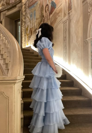 Blue A Line Puff Sleeve Layered Satin Organza Long Prom Dress Evening Dress DP1333