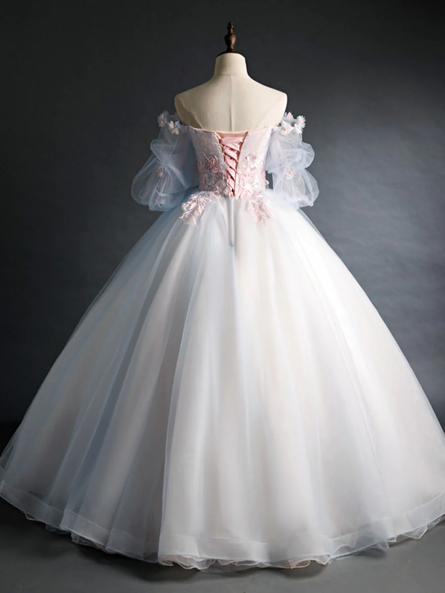 Pink Tulle Lace Appliques Long Prom Dress Sweet 16 Ball Gown Quinceanera Dress DP087