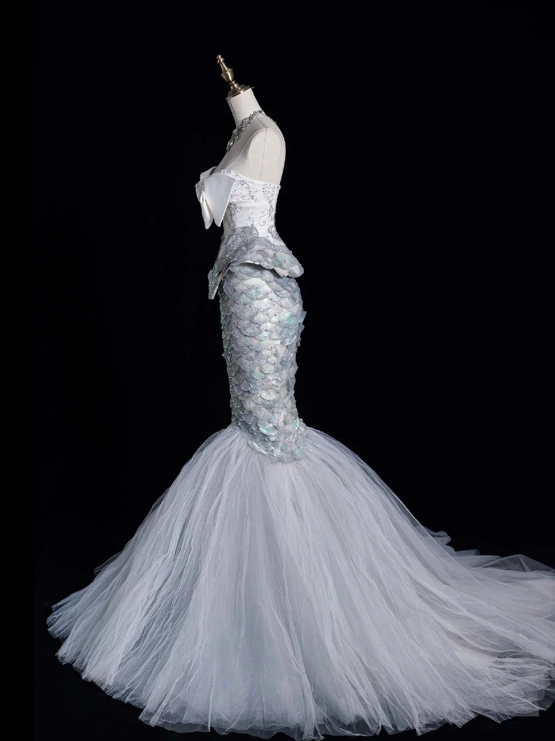 Shiny Mermaid Strapless Bow Sequin Tulle Long Prom Dress Evening Dress DP2093