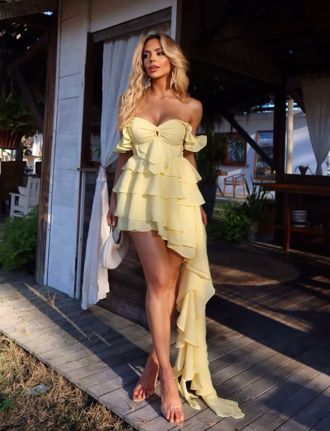 Yellow A Line Off the Shoulder Layered Chiffon Short Homecoming Dress Outfits DP3481