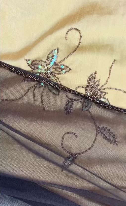 Vintage A Line Spaghetti Strap Beaded Brown Tulle Yellow Satin Prom Dress Party Dress DP3116