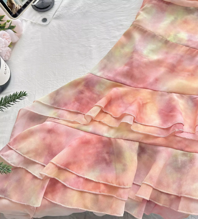 Multi-color Pink A Line One Shoulder Layered Chiffon Vacation Dress Homecoming Dress Outfits DP3543